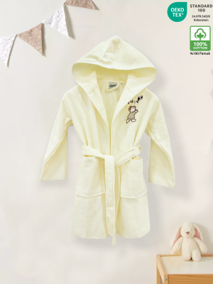 Cream Color Velour Children Bathrobe with Embroidery 100% Turkish Cotton
