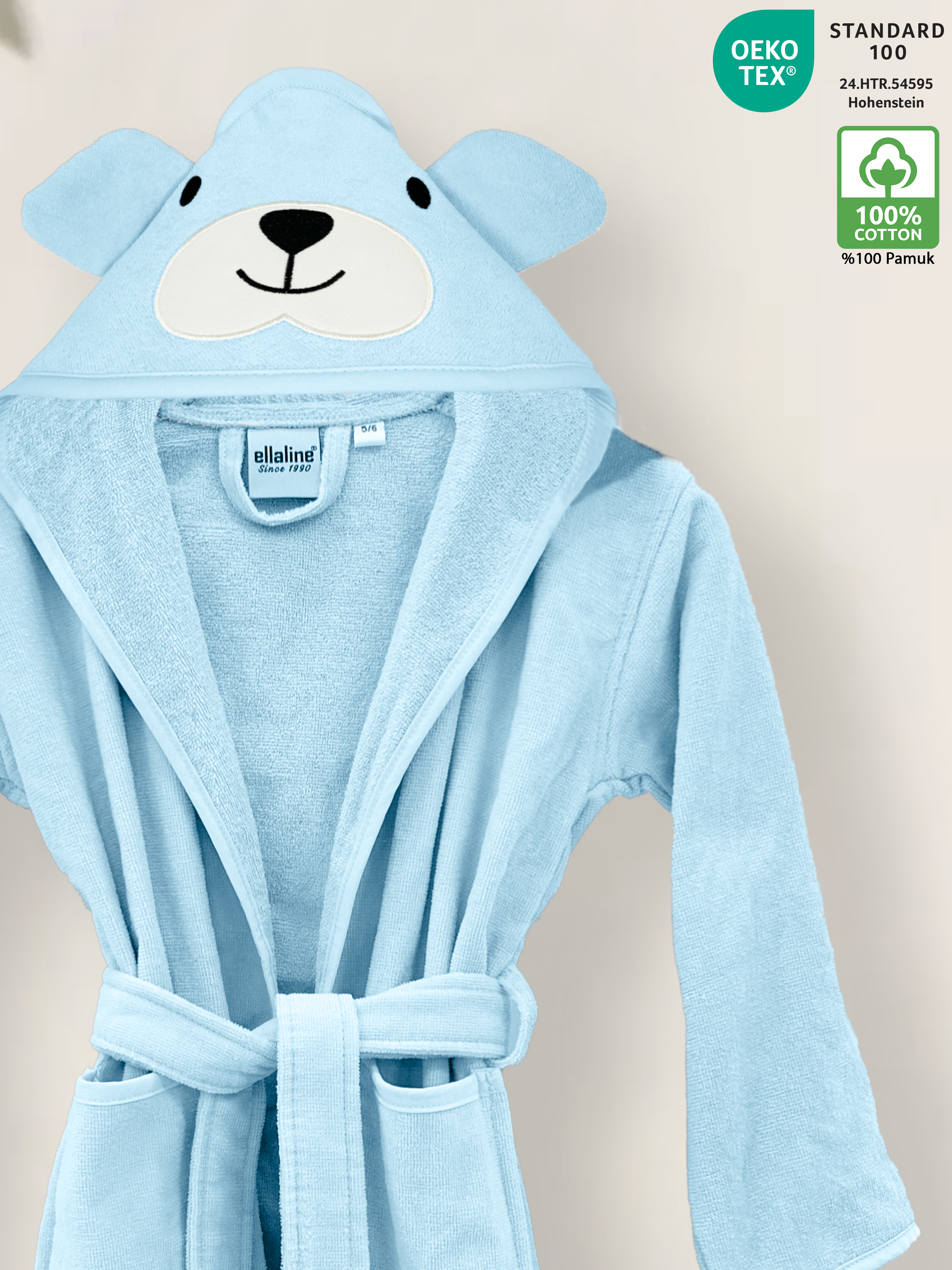 Blue Color Velour Children Bathrobe with Dog Figure 100% Turkish Cotton