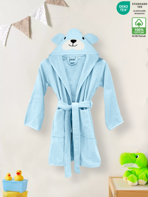 Blue Color Velour Children Bathrobe with Dog Figure 100% Turkish Cotton