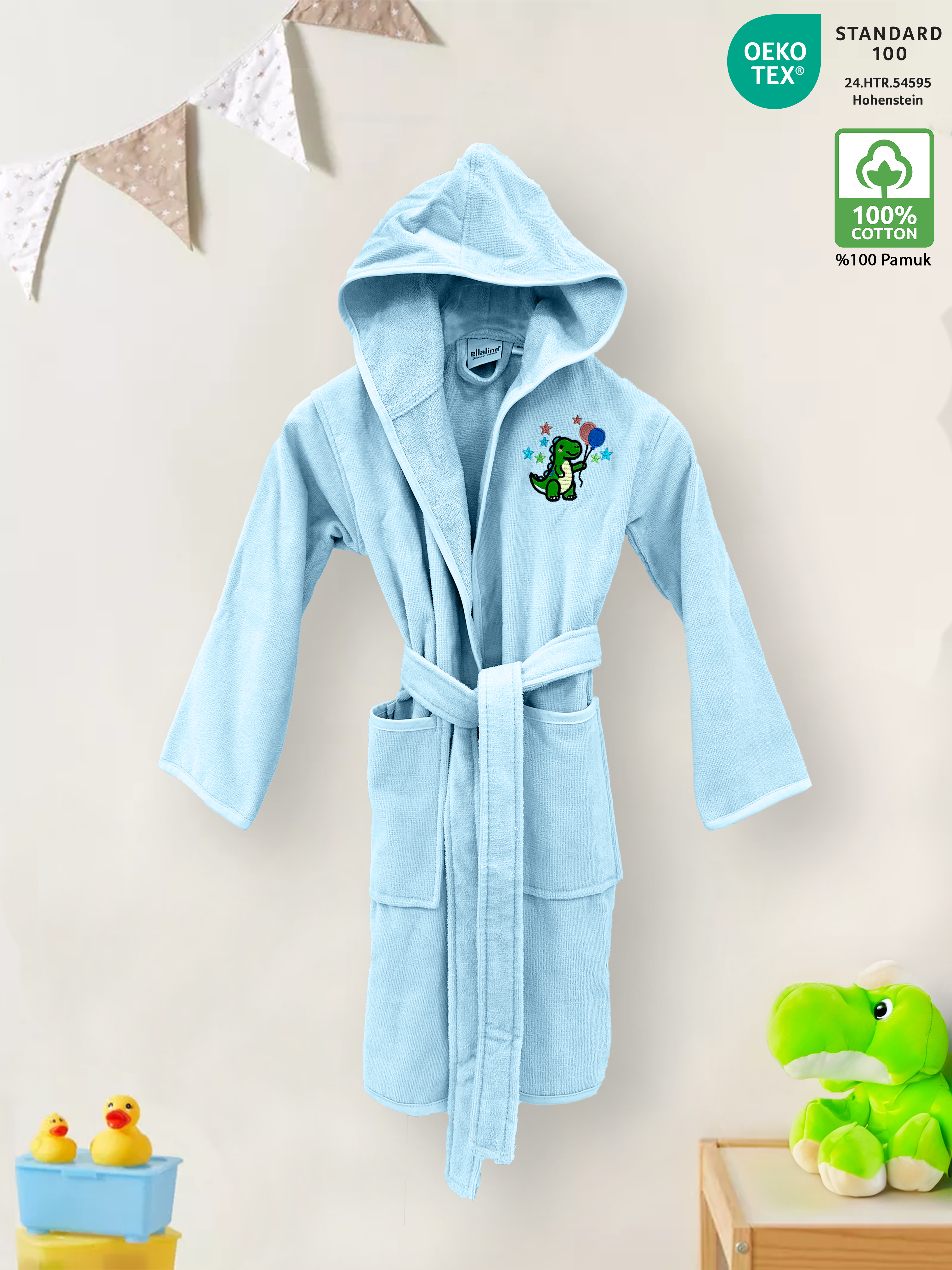 Blue Color Velour Children Bathrobe with Embroidery 100% Turkish Cotton