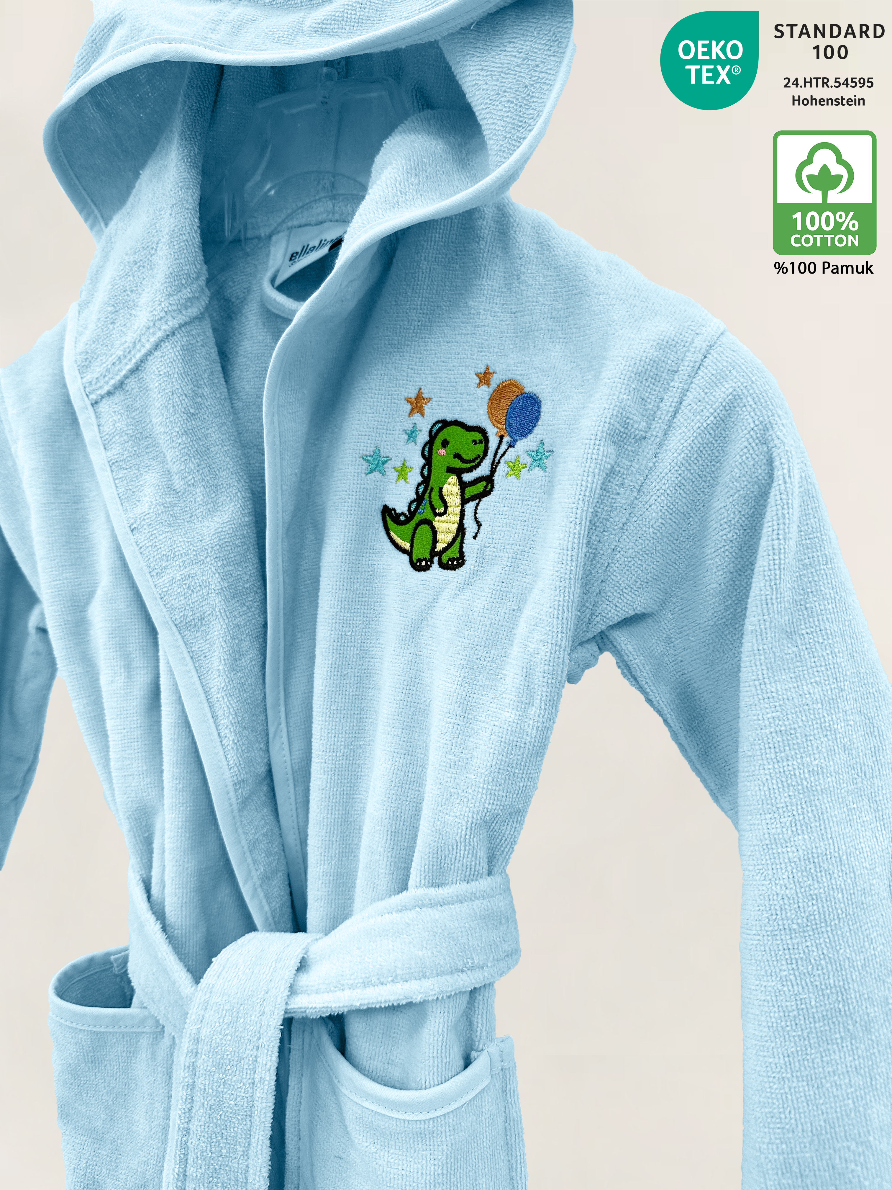 Blue Color Velour Children Bathrobe with Embroidery 100% Turkish Cotton