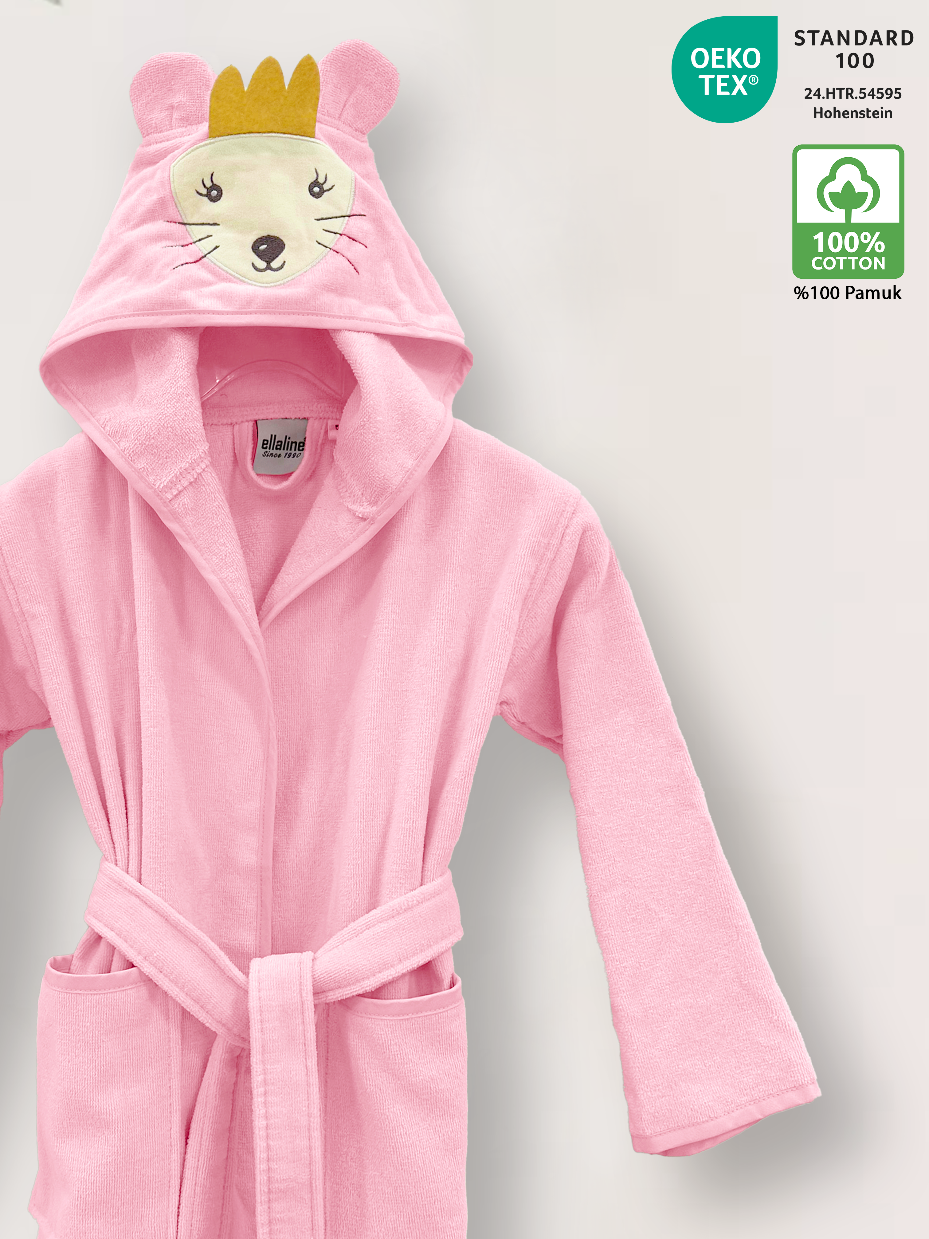 Pink Color Velour Children Bathrobe with Mouse Figure 100% Turkish Cotton