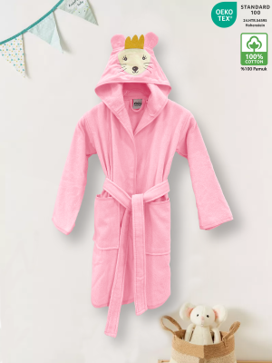 Pink Color Velour Children Bathrobe with Mouse Figure 100% Turkish Cotton