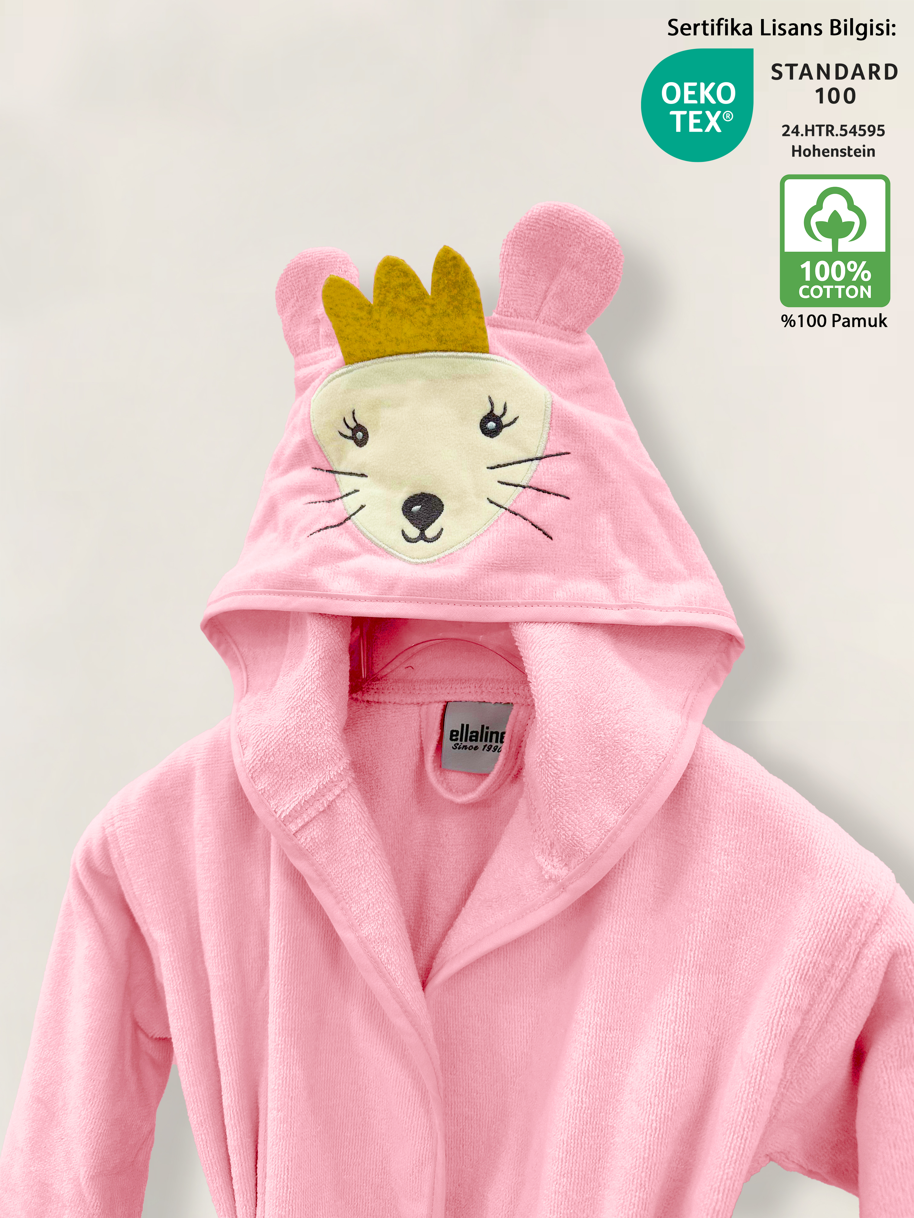 Pink Color Velour Children Bathrobe with Mouse Figure 100% Turkish Cotton