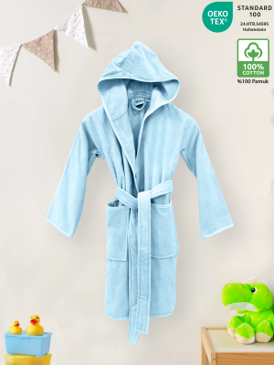 Light Blue Color Velour Children Bathrobe 350 GSM 100% Turkish Cotton