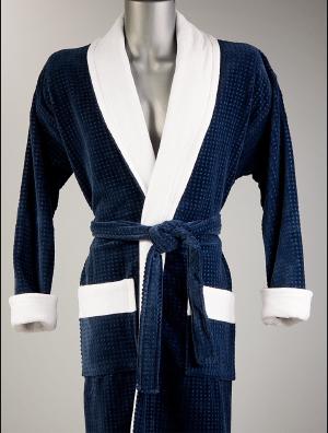 Square Pattern Velour, Contrast Shawl Collar Bathrobe