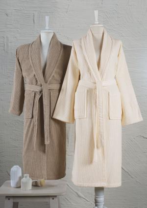 Brown and Beige Striped Terry Design Family Bath Set: 340 GSM Shawl Collar Bathrobes 2pc| 100% Turkish Cotton