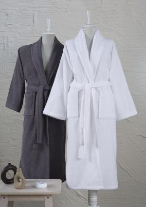 Hard Coal and White Terry Family Bath Set: 340 GSM Shawl Collar Bathrobes 2pc| 100% Turkish Cotton