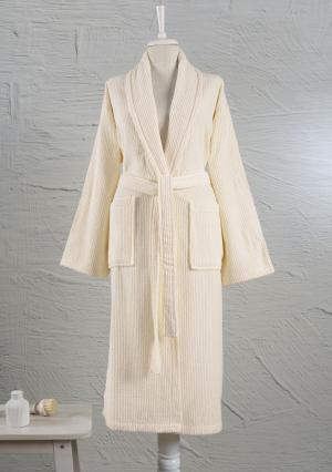 340 GSM Beige Striped Terry Shawl Collar Woman Bathrobe | 100% Turkish Cotton
