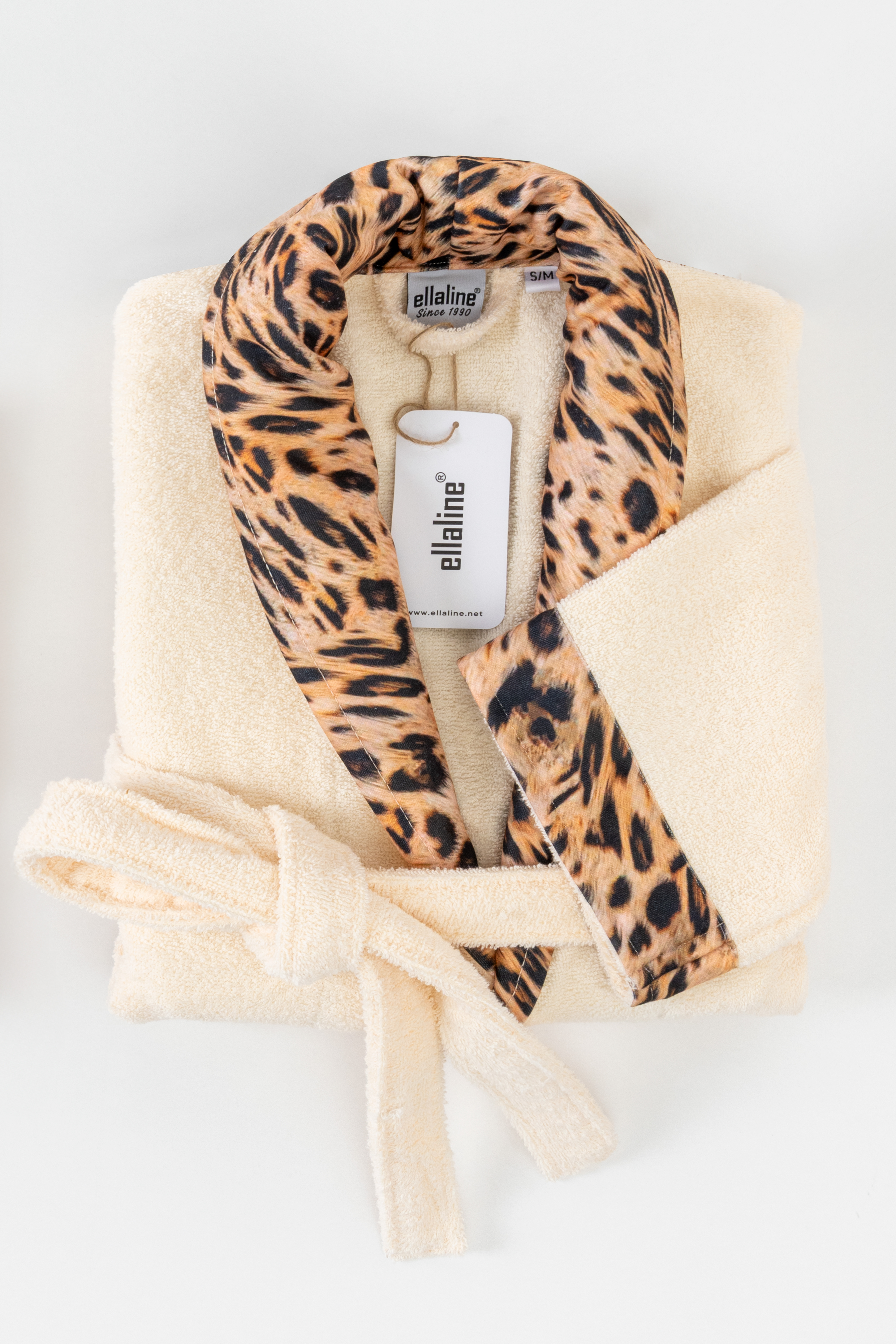 Leopard Shawl Collar Bathrobe Set Cream Color | 100% Turkish Cotton