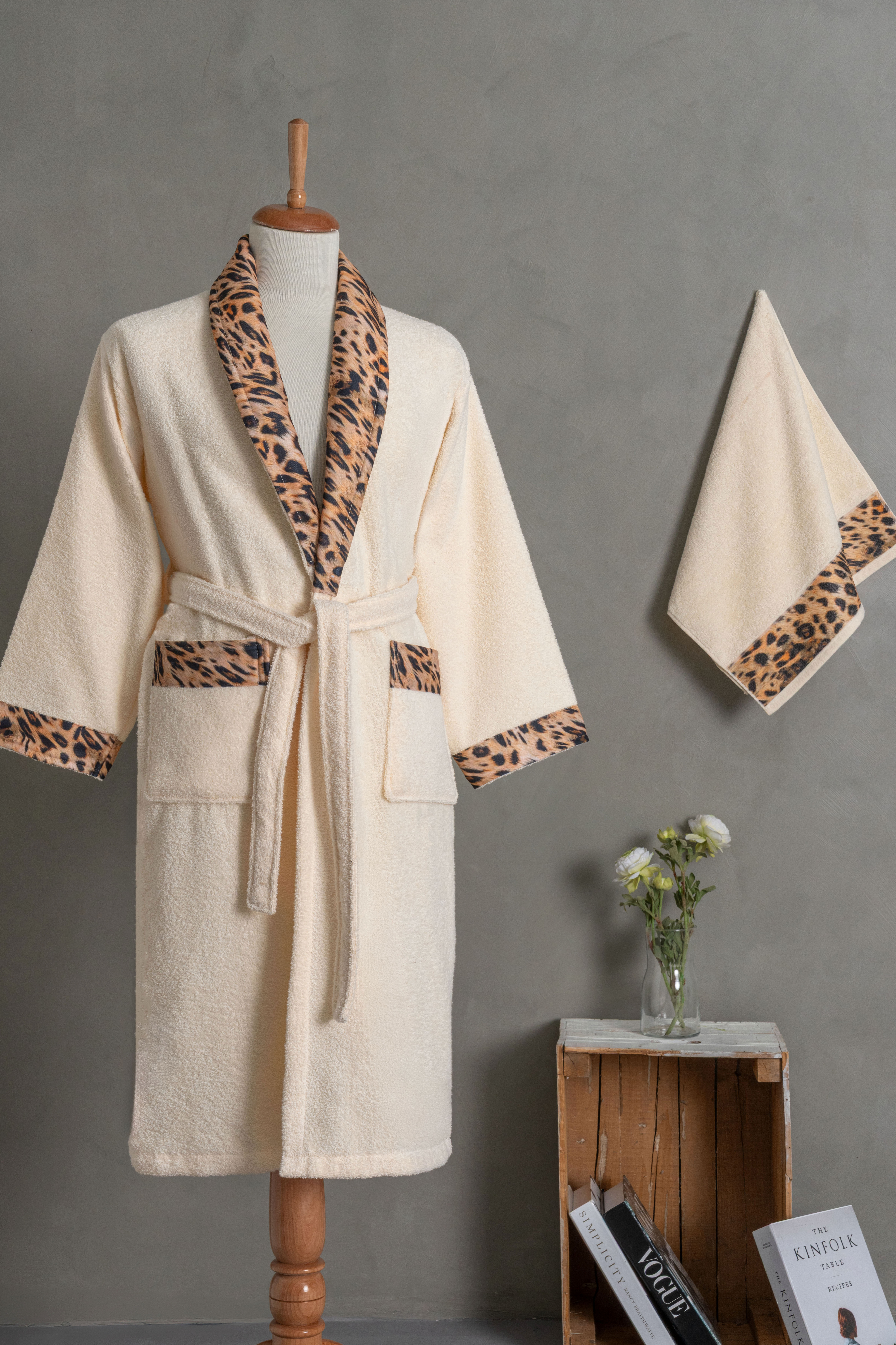 Leopard Shawl Collar Bathrobe Set Cream Color | 100% Turkish Cotton