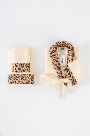 Leopard Shawl Collar Bathrobe Set Cream Color | 100% Turkish Cotton