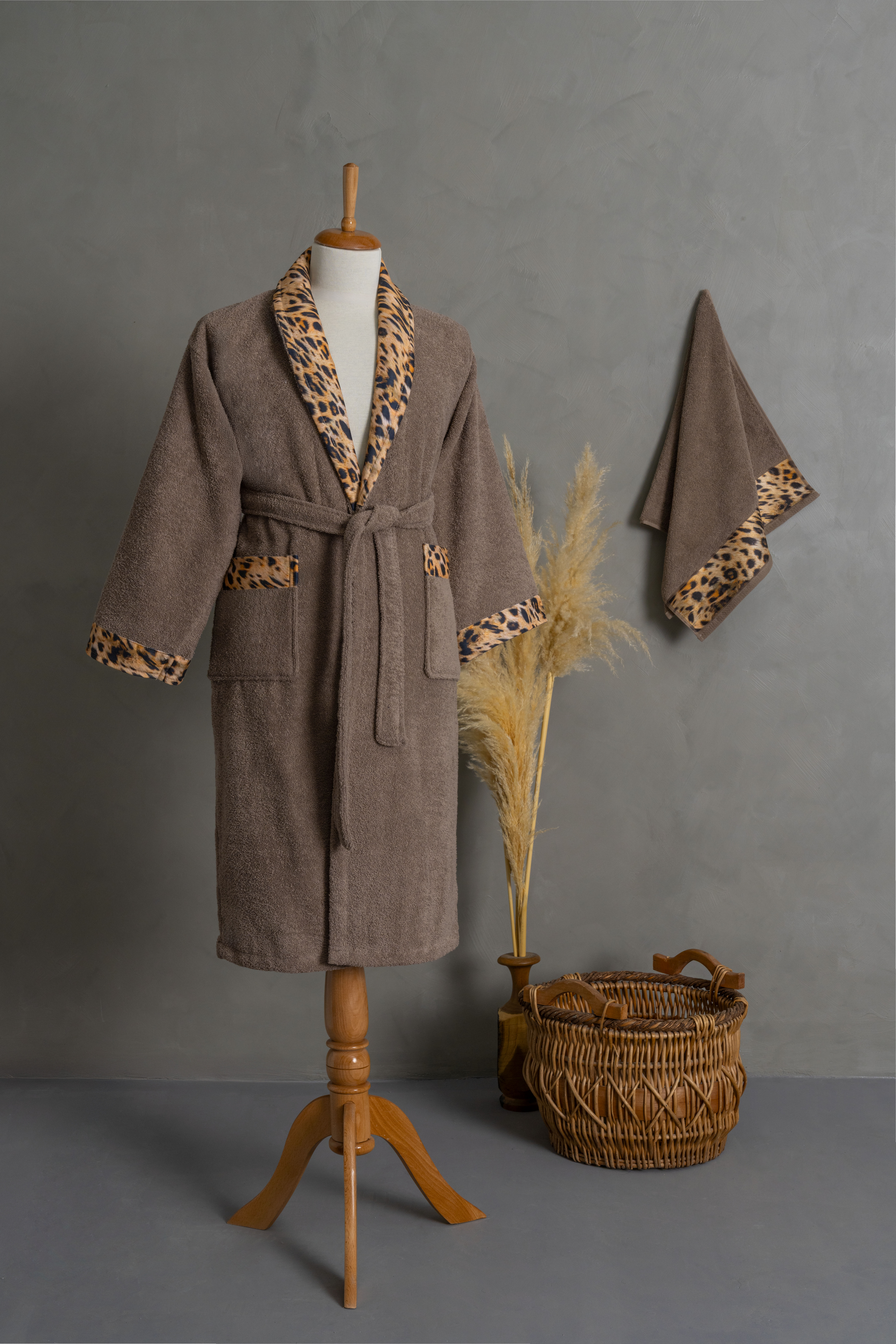 Leopard Shawl Collar Bathrobe Set Beige Color | 100% Turkish Cotton