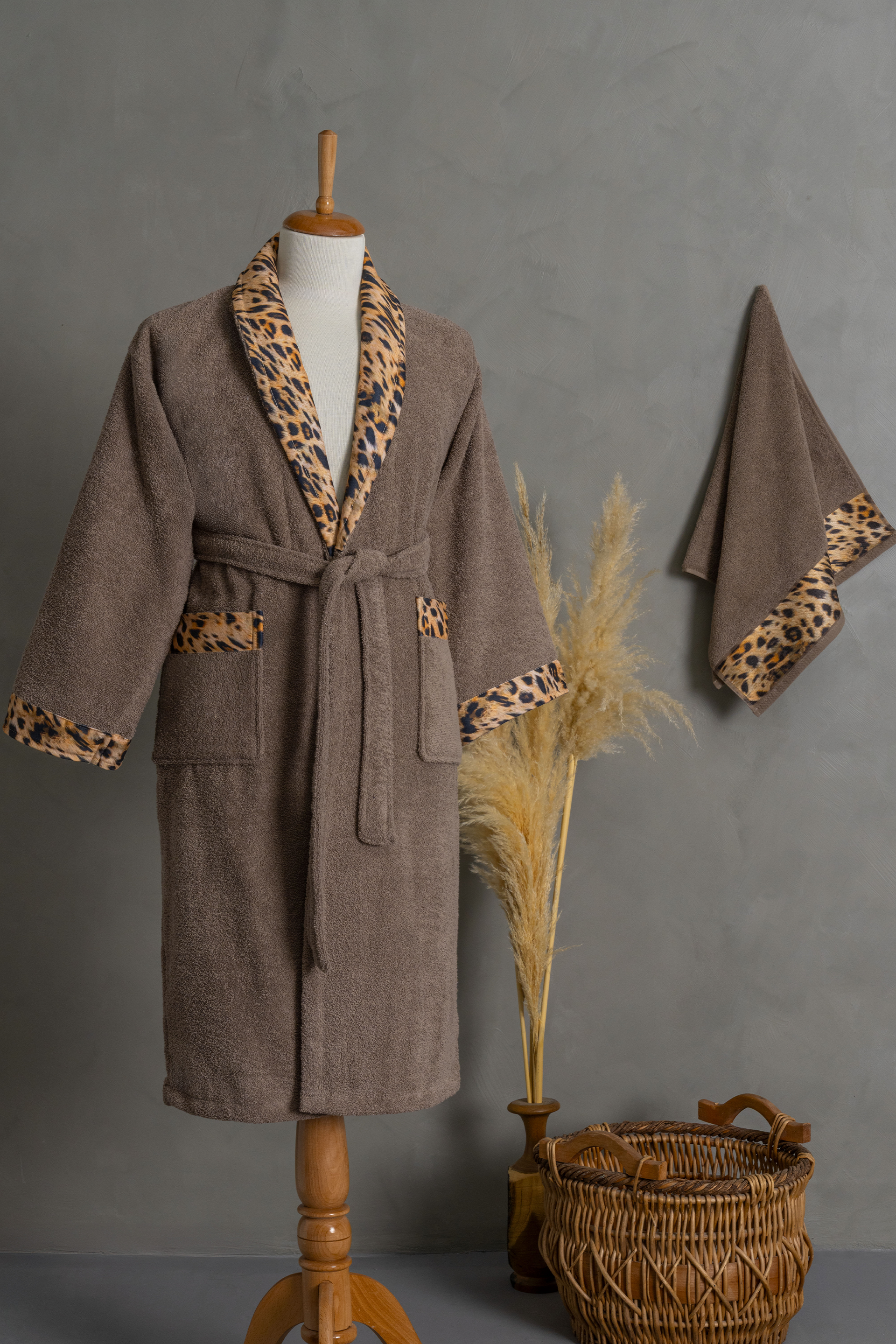 Leopard Shawl Collar Bathrobe Set Beige Color | 100% Turkish Cotton