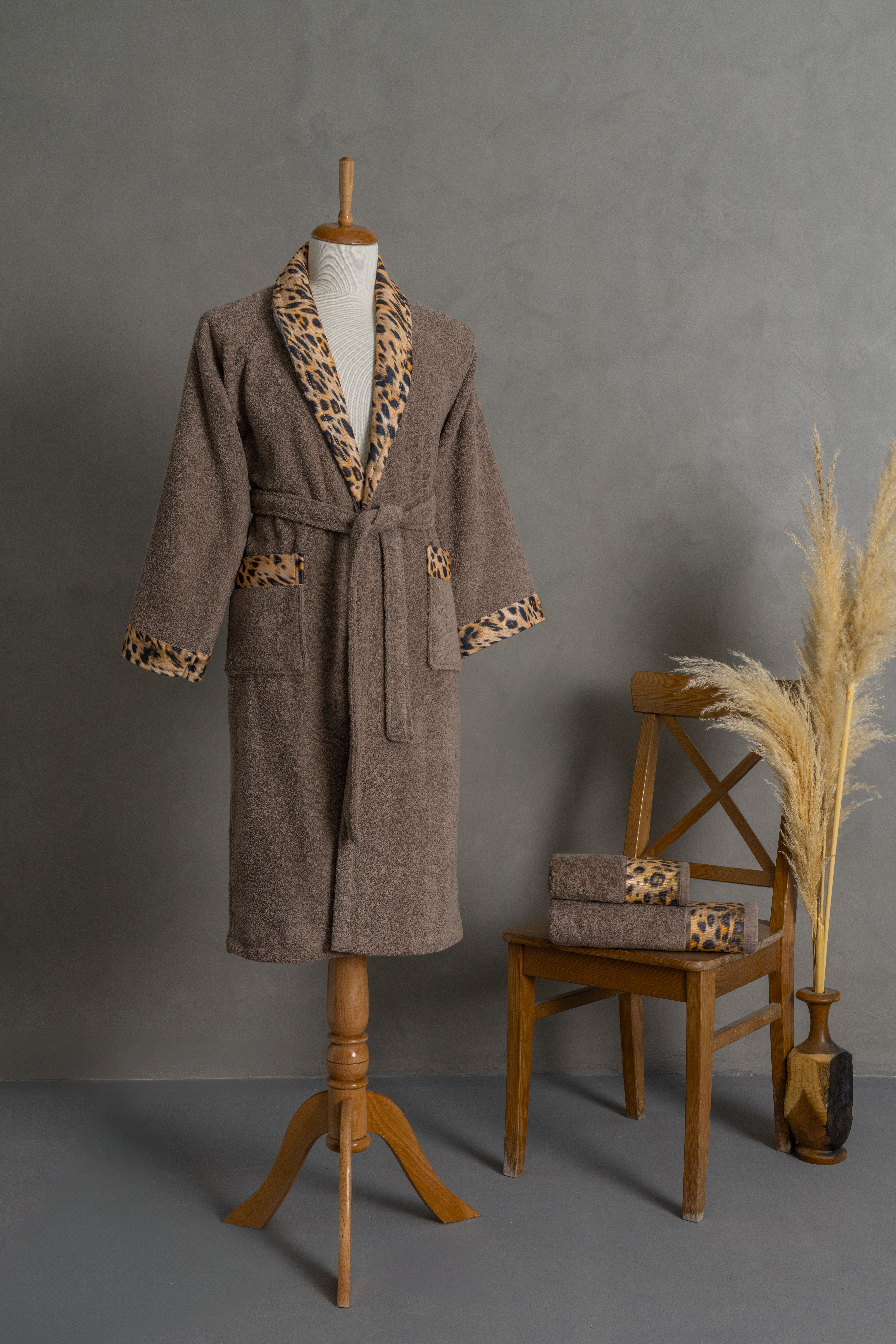 Leopard Shawl Collar Bathrobe Set Beige Color | 100% Turkish Cotton
