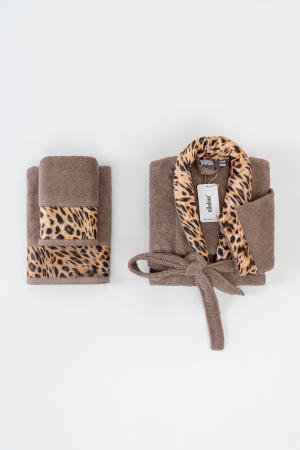 Leopard Shawl Collar Bathrobe Set Beige Color | 100% Turkish Cotton