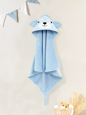 Blue Velour Baby Hooded Towel Wrap Swaddle with Dog Figure 350 GSM 100% Turkish Cotton