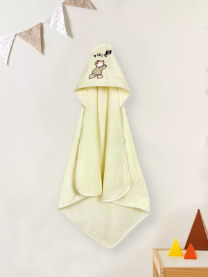Cream Velour Baby Hooded Towel Wrap Swaddle with Sheep Figure 350 GSM 100% Turkish Cotton