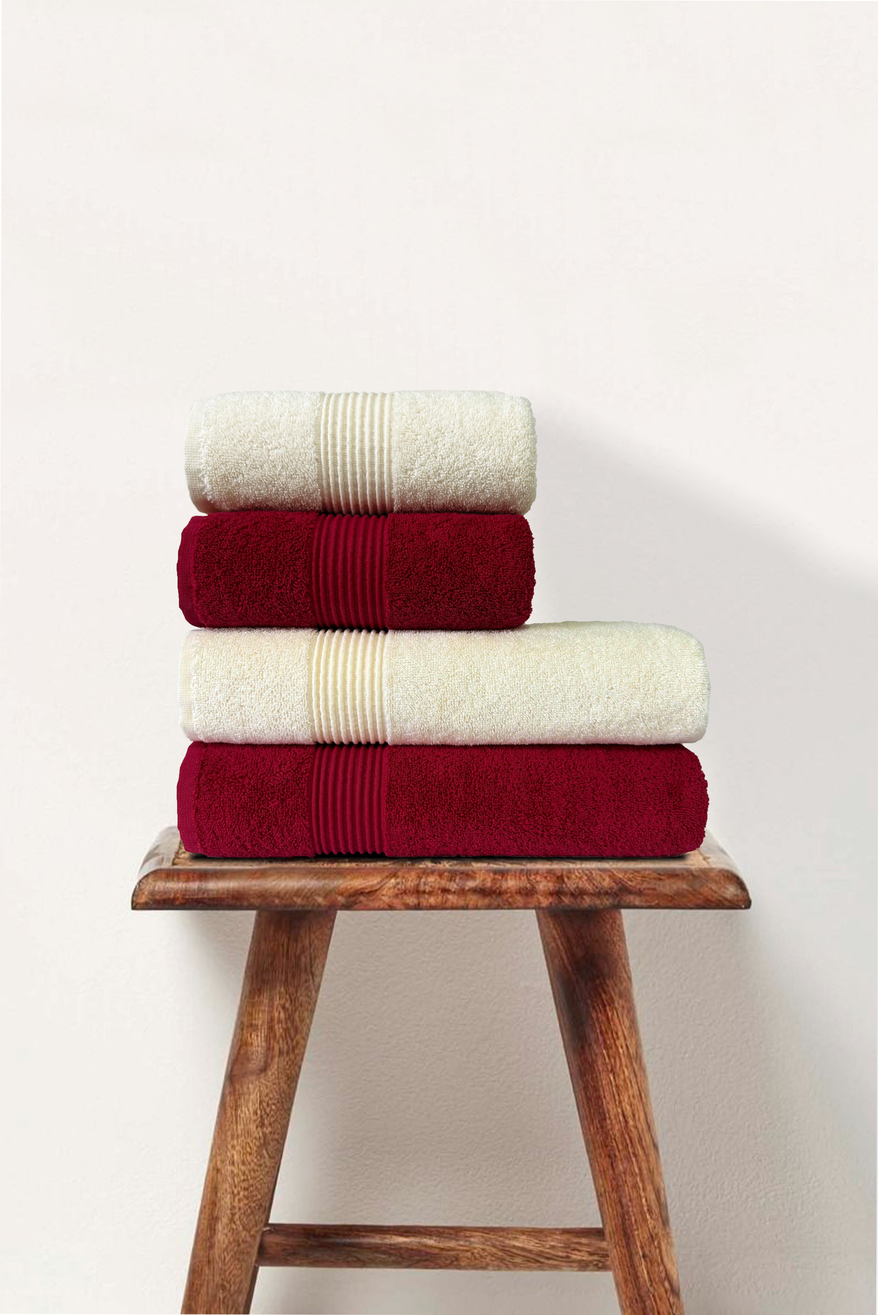 Burgundy & Cream | 4 Piece Striped Border Terry Bath Set 50x90cm - 70x140cm | 100% Turkish Cotton