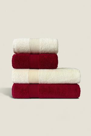 Burgundy & Cream | 4 Piece Striped Border Terry Bath Set 50x90cm - 70x140cm | 100% Turkish Cotton