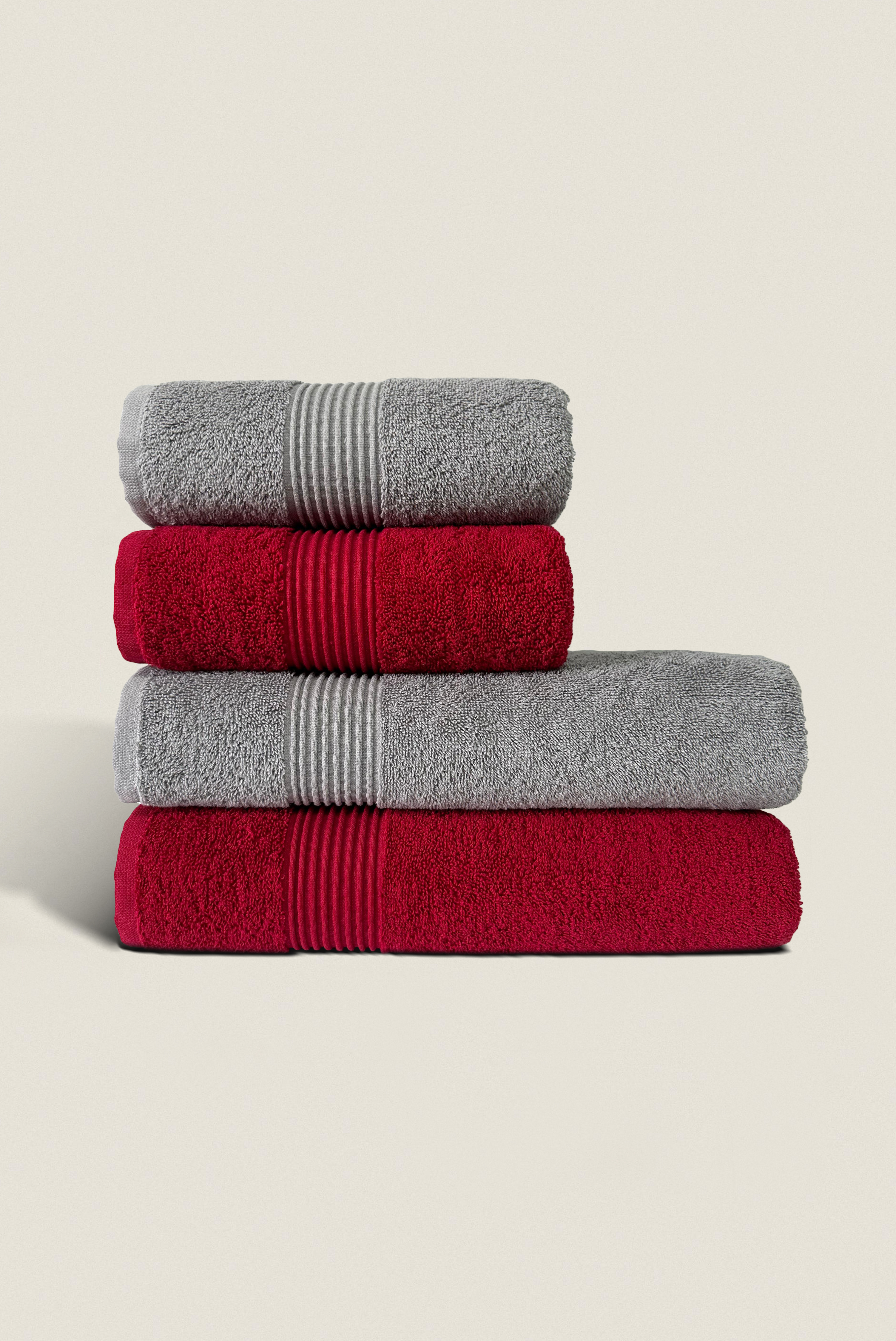 Burgundy & Gray | 4 Piece Striped Border Terry Bath Set 50x90cm - 70x140cm | 100% Turkish Cotton