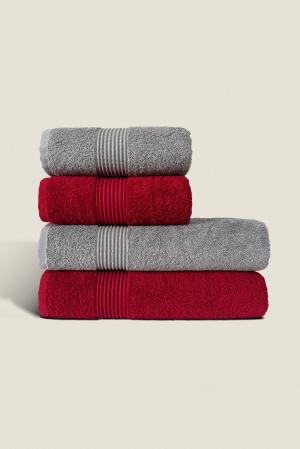 Burgundy & Gray | 4 Piece Striped Border Terry Bath Set 50x90cm - 70x140cm | 100% Turkish Cotton