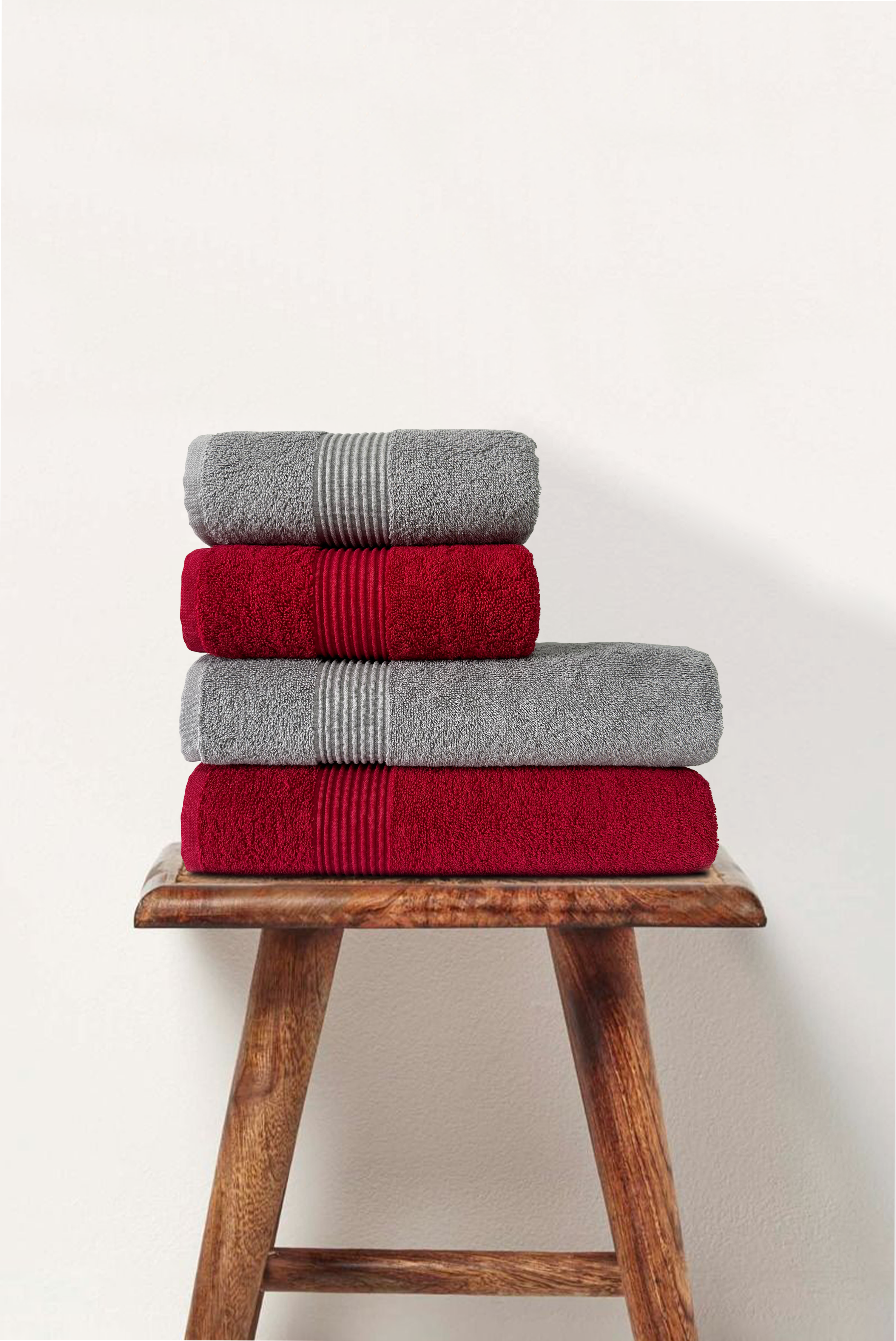 Burgundy & Gray | 4 Piece Striped Border Terry Bath Set 50x90cm - 70x140cm | 100% Turkish Cotton