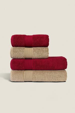 Burgundy & Brown | 4 Piece Striped Border Terry Bath Set 50x90cm - 70x140cm | 100% Turkish Cotton