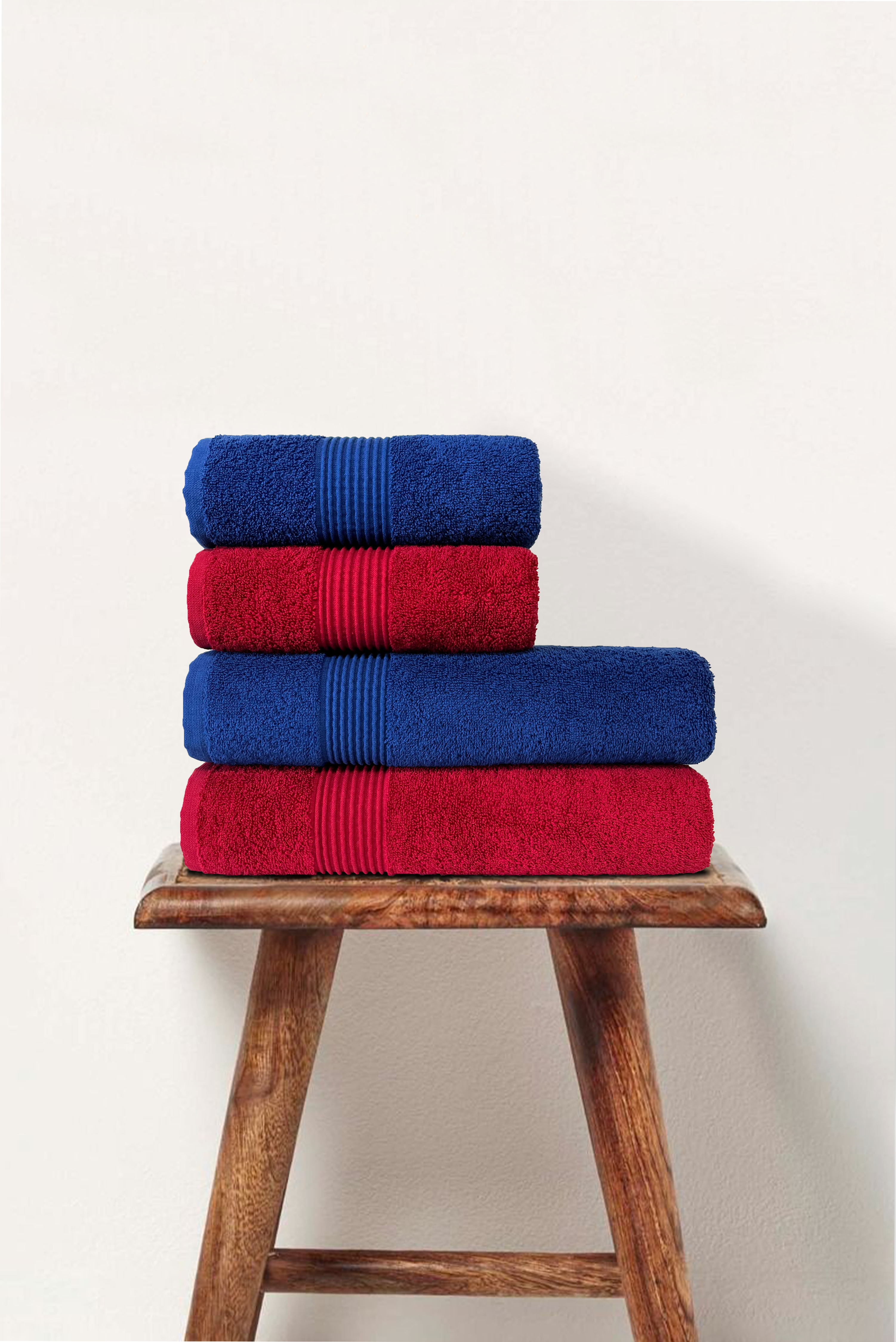 Burgundy & Navy Blue | 4 Piece Striped Border Terry Bath Set 50x90cm - 70x140cm | 100% Turkish Cotton