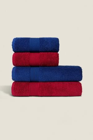 Burgundy & Navy Blue | 4 Piece Striped Border Terry Bath Set 50x90cm - 70x140cm | 100% Turkish Cotton