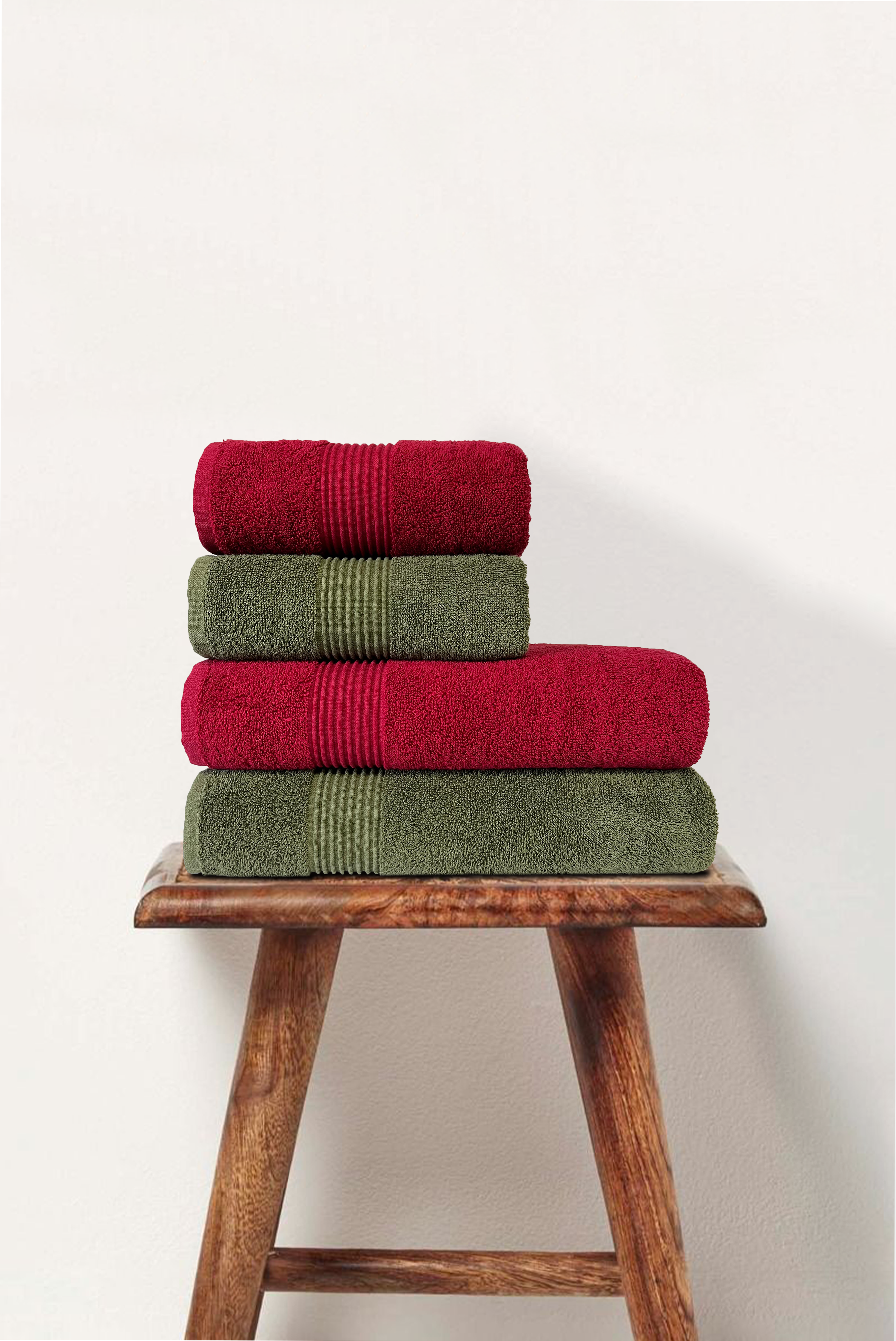 Burgundy & Green | 4 Piece Striped Border Terry Bath Set 50x90cm - 70x140cm | 100% Turkish Cotton