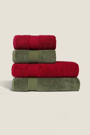 Burgundy & Green | 4 Piece Striped Border Terry Bath Set 50x90cm - 70x140cm | 100% Turkish Cotton