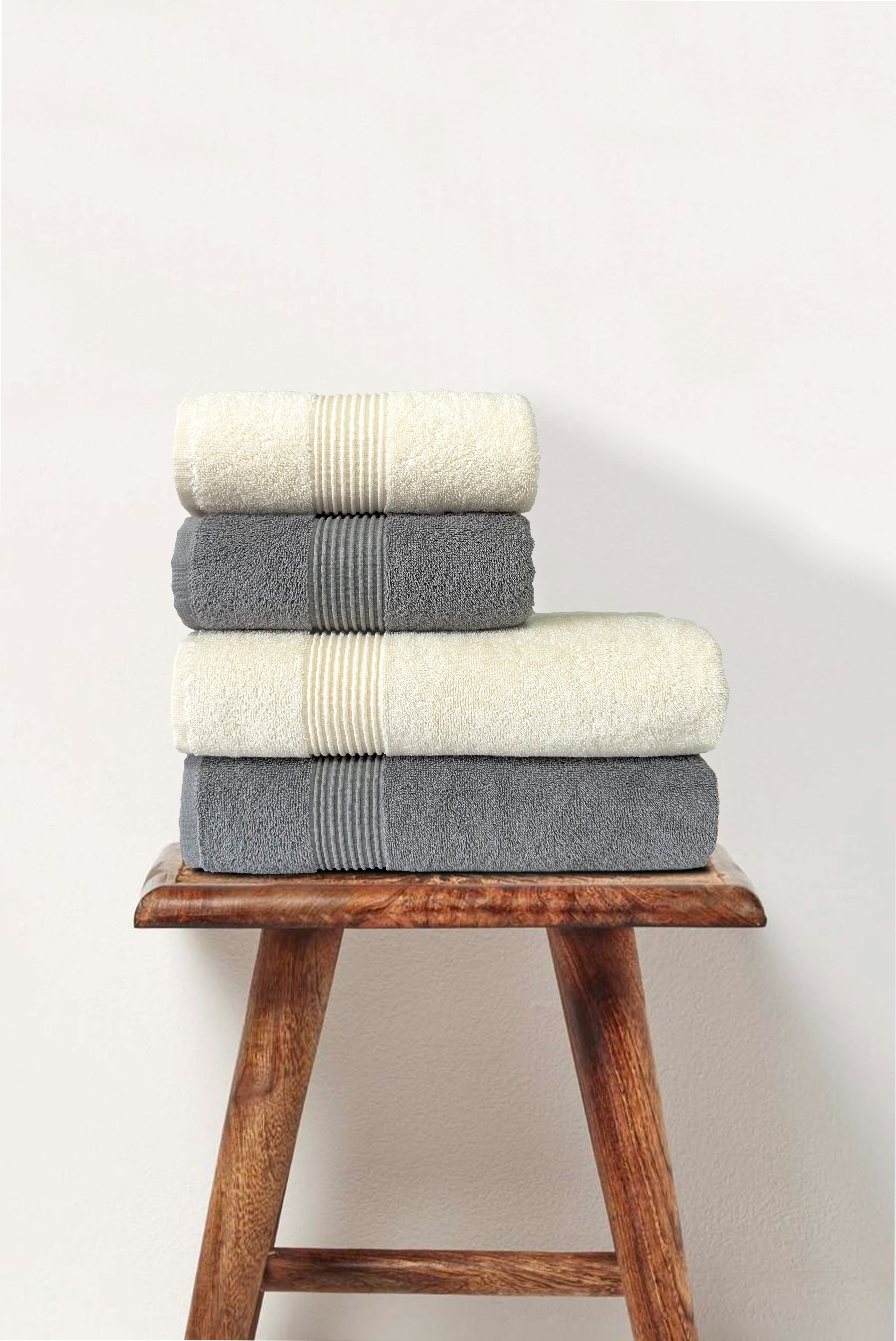 Gray & Cream | 4 Piece Striped Border Terry Bath Set 50x90cm - 70x140cm | 100% Turkish Cotton