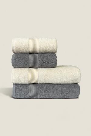 Gray & Cream | 4 Piece Striped Border Terry Bath Set 50x90cm - 70x140cm | 100% Turkish Cotton