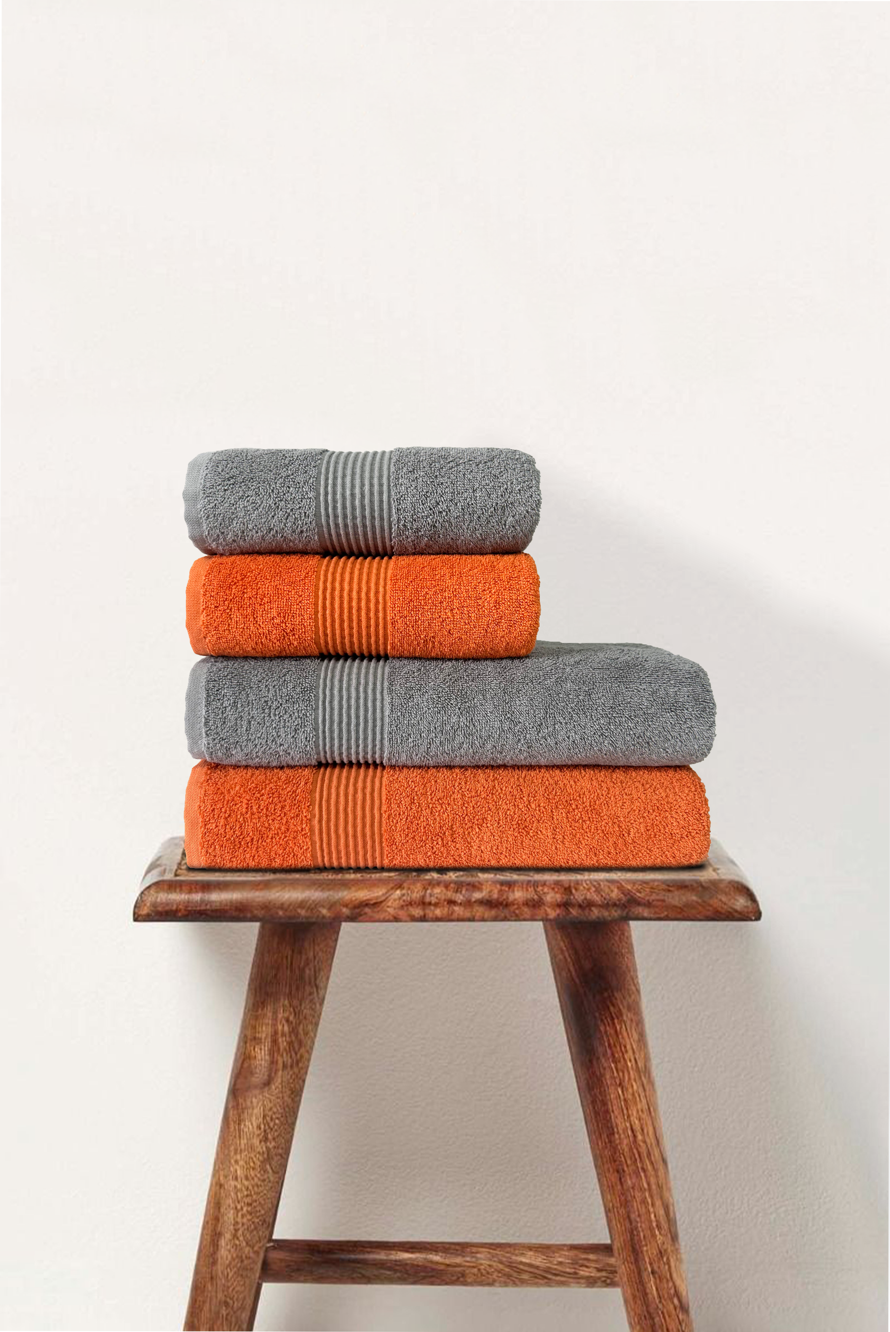 Dark Orange & Gray | 4 Piece Striped Border Terry Bath Set 50x90cm - 70x140cm | 100% Turkish Cotton