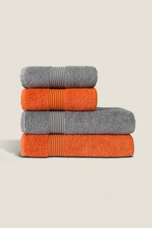 Dark Orange & Gray | 4 Piece Striped Border Terry Bath Set 50x90cm - 70x140cm | 100% Turkish Cotton