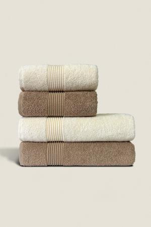 Brown & Cream | 4 Piece Striped Border Terry Bath Set 50x90cm - 70x140cm | 100% Turkish Cotton