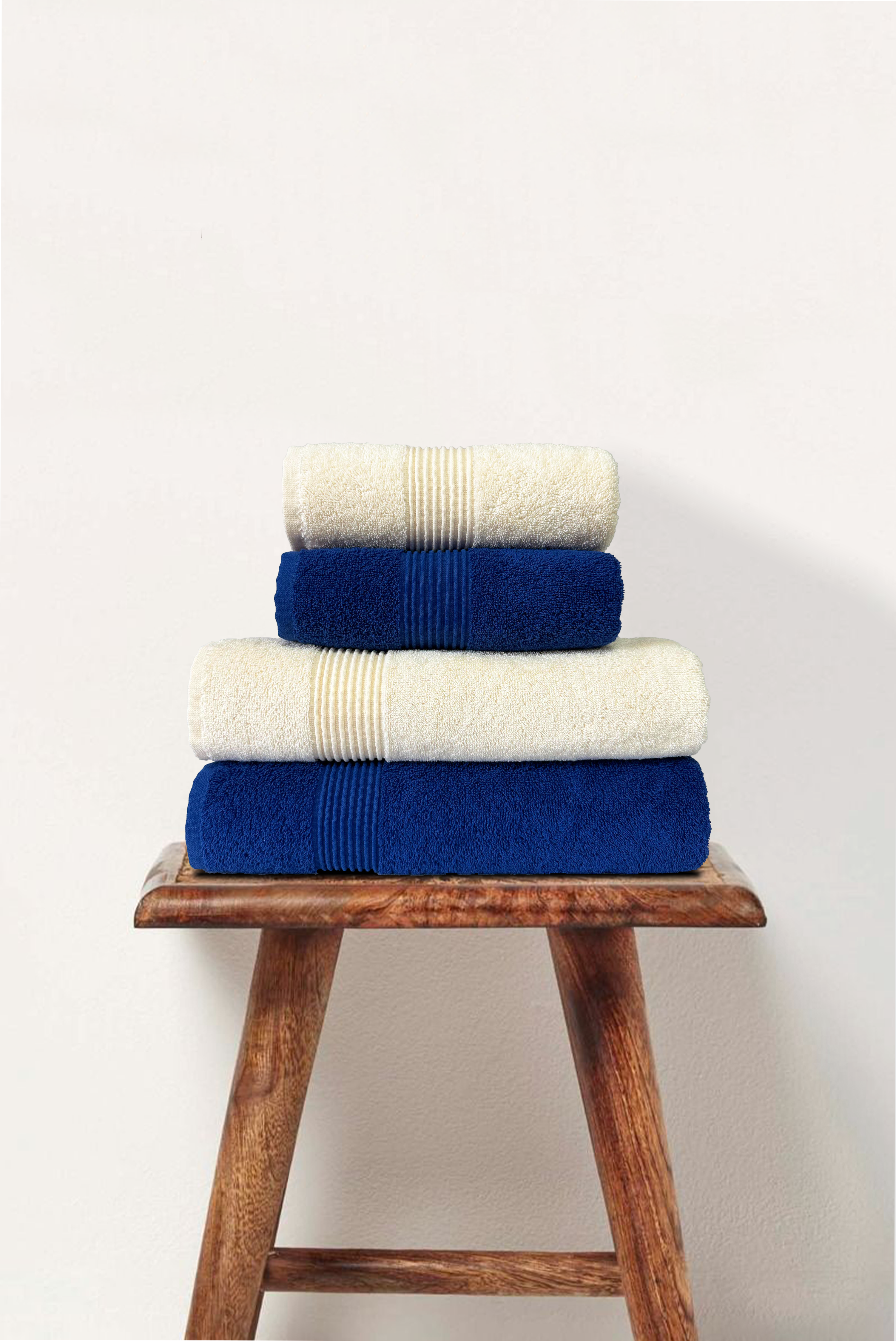 Navy Blue & Cream | 4 Piece Striped Border Terry Bath Set 50x90cm - 70x140cm | 100% Turkish Cotton