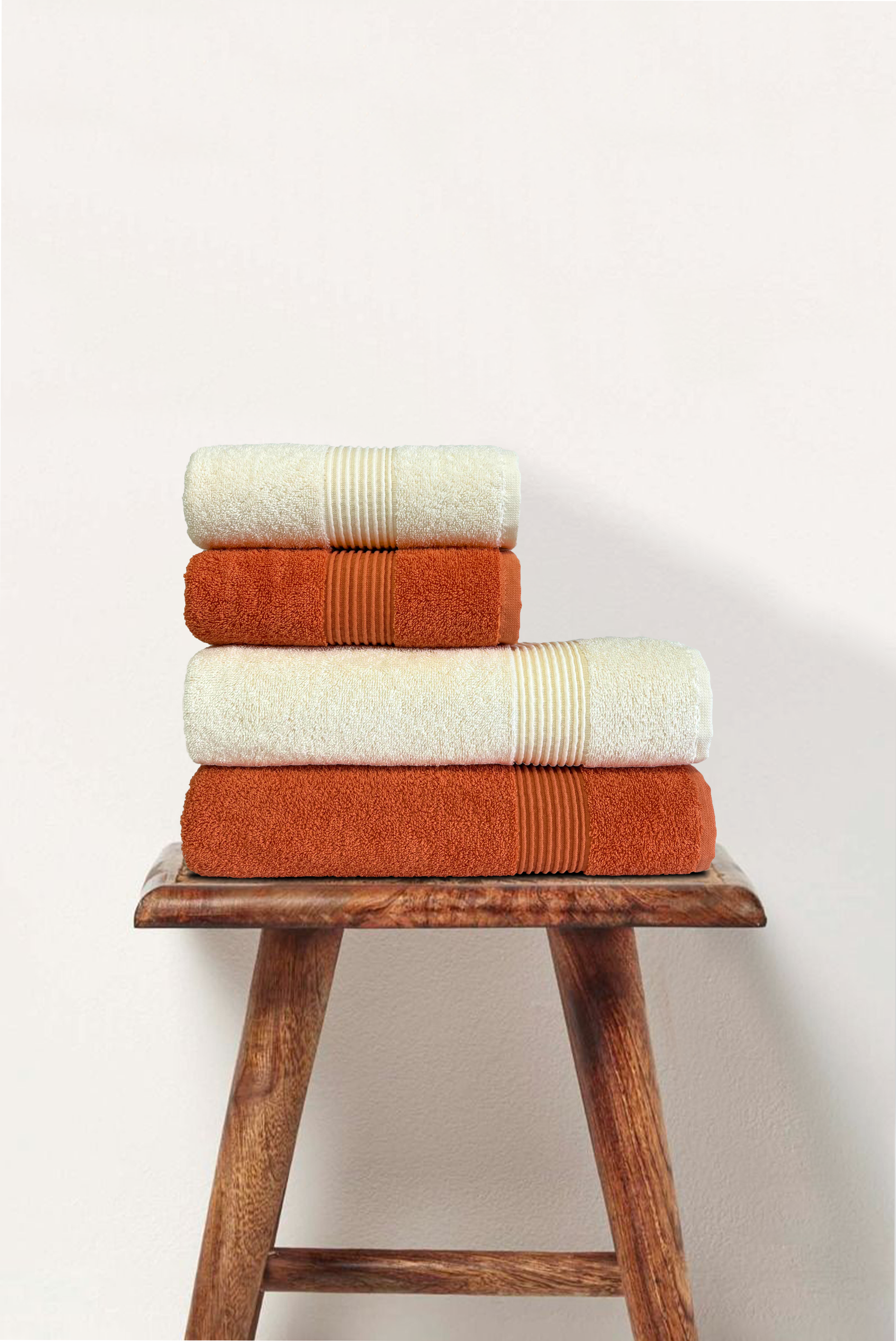 Dark Orange & Cream | 4 Piece Striped Border Terry Bath Set 50x90cm - 70x140cm | 100% Turkish Cotton