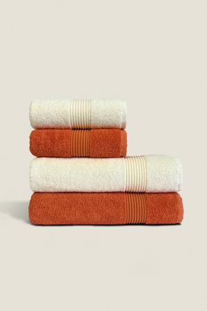 Dark Orange & Cream | 4 Piece Striped Border Terry Bath Set 50x90cm - 70x140cm | 100% Turkish Cotton
