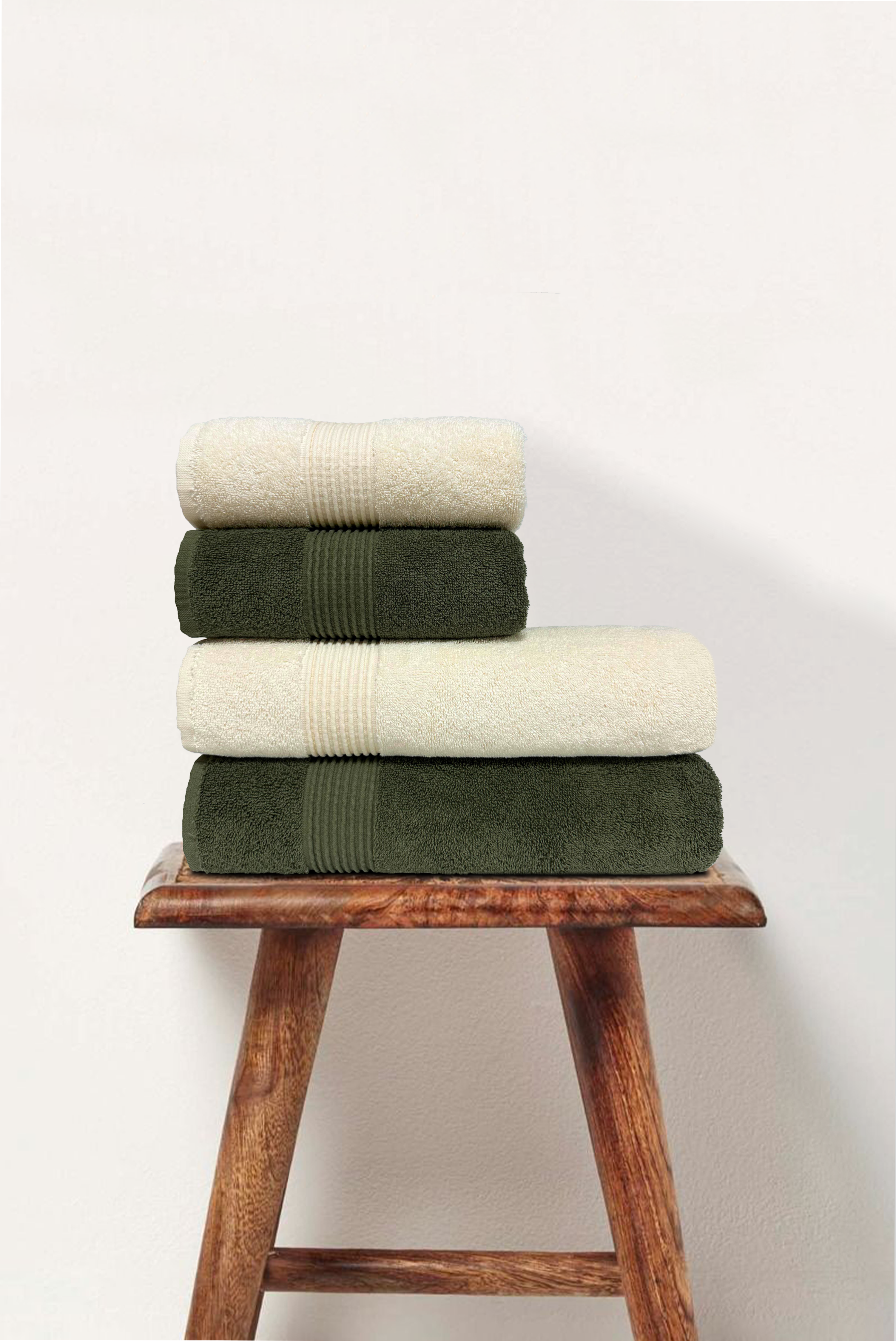 Green & Cream | 4 Piece Striped Border Terry Bath Set 50x90cm - 70x140cm | 100% Turkish Cotton