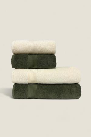 Green & Cream | 4 Piece Striped Border Terry Bath Set 50x90cm - 70x140cm | 100% Turkish Cotton