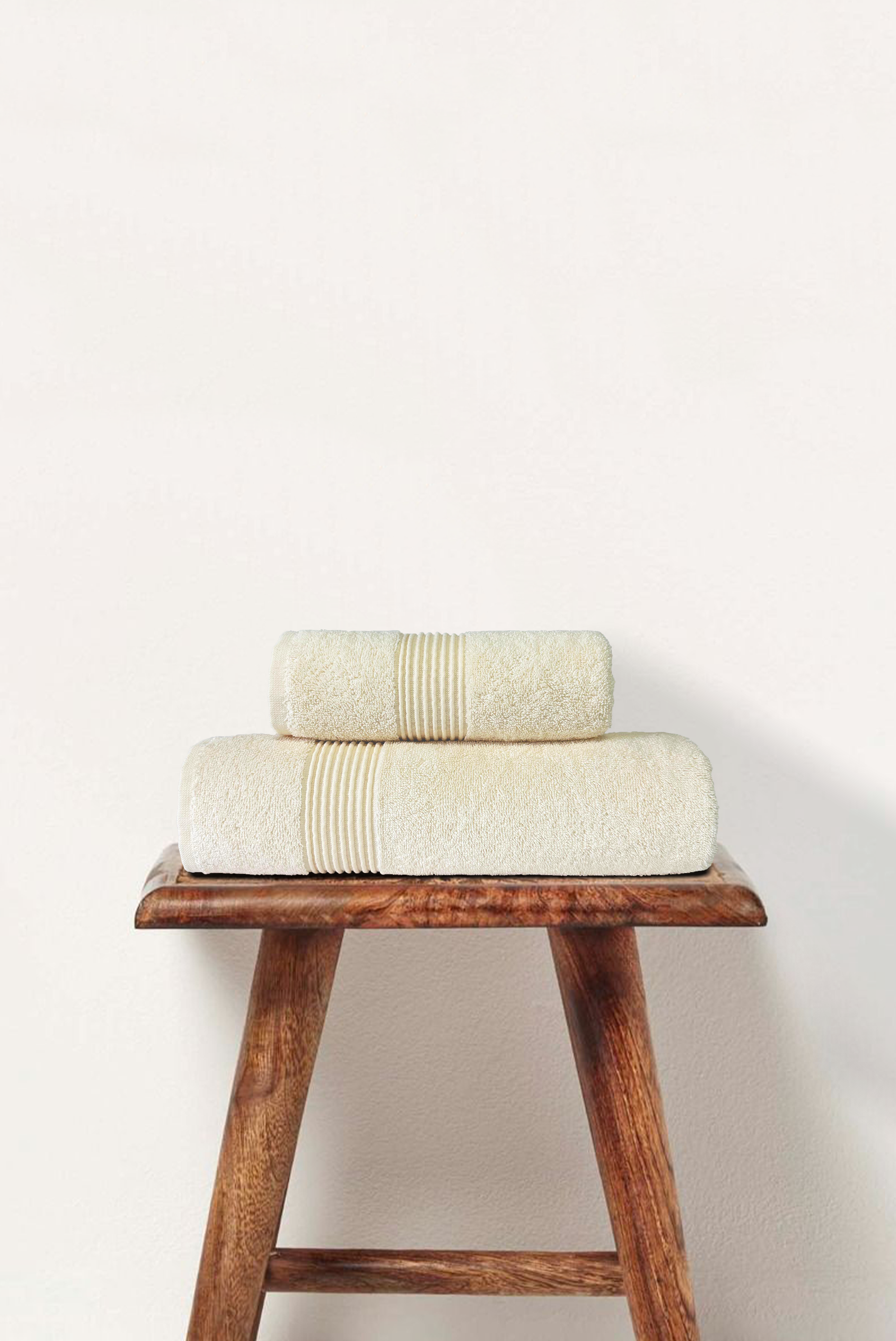 Cream | 2 Piece Striped Border Terry Bath Set 50x90cm - 70x140cm | 100% Turkish Cotton