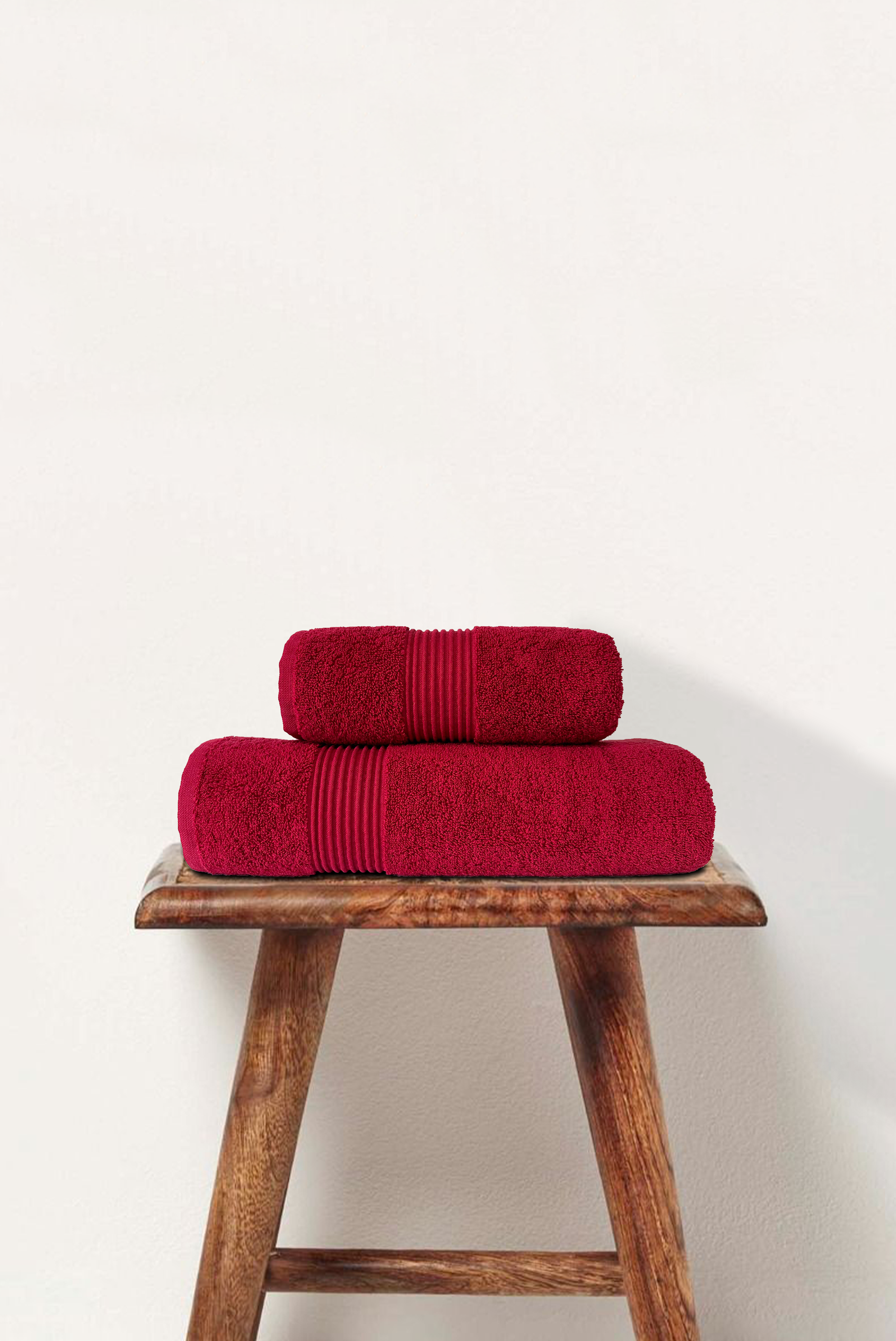 Burgundy | 2 Piece Striped Border Terry Bath Set 50x90cm - 70x140cm | 100% Turkish Cotton