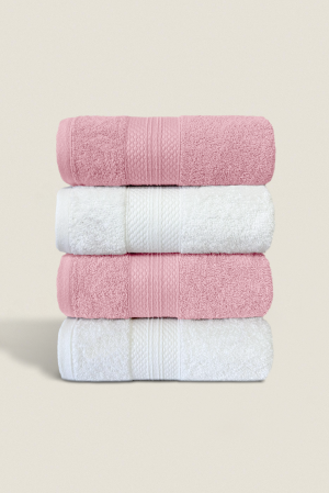 White & Pink | 4 Piece Hand Towel Set Diamond Border | 50x80cm | 100% Turkish Cotton